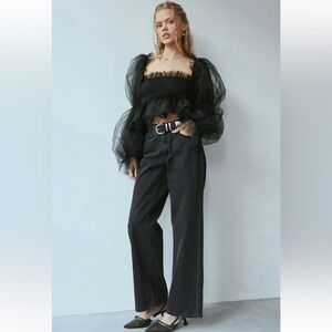 Sister Jane Dream Mystery Black Tulle Chiffon Puff Sleeve Top